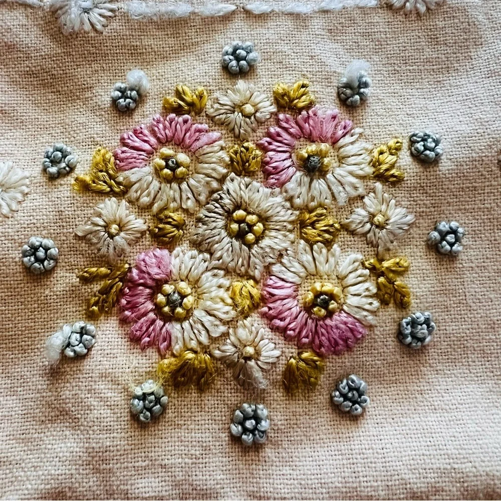 Vintage Round Embroidered Table Topper with Crochet Trim – 37”x34”